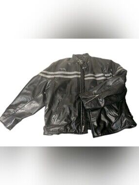 Unik Black Leather Bomber Jacket with Silver Racing Stripes